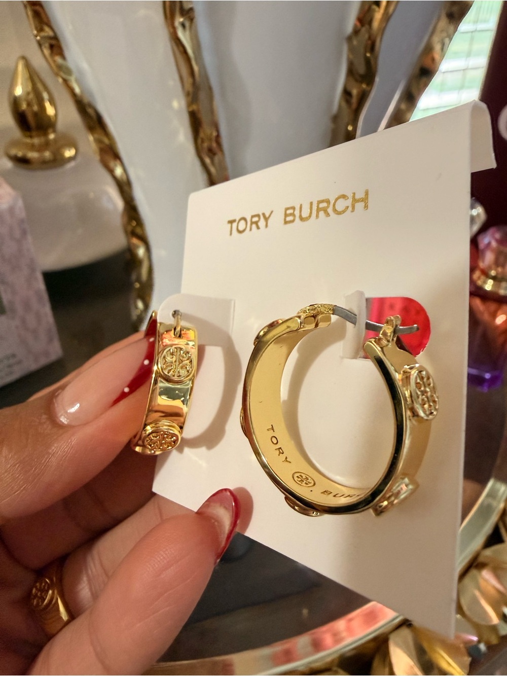 Tory Burch Shiny Gold Logo Hoop Earrings